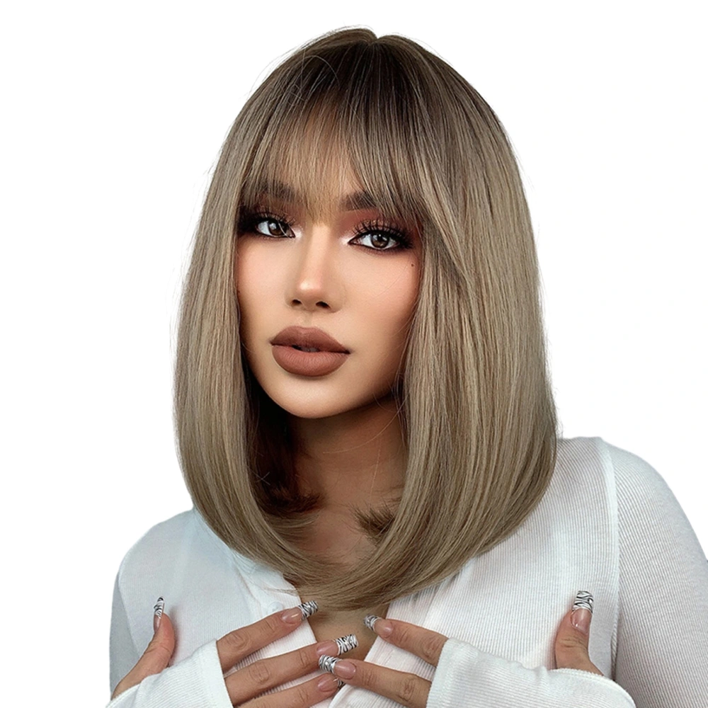 Women Medium Length Wig, Natural Straight Hair Extension with Bang