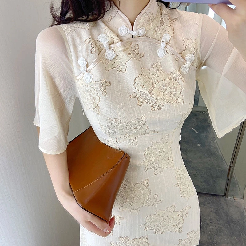 Women Cheongsam Dress, Elegant Short Sleeve Flower Slit Midi Dress