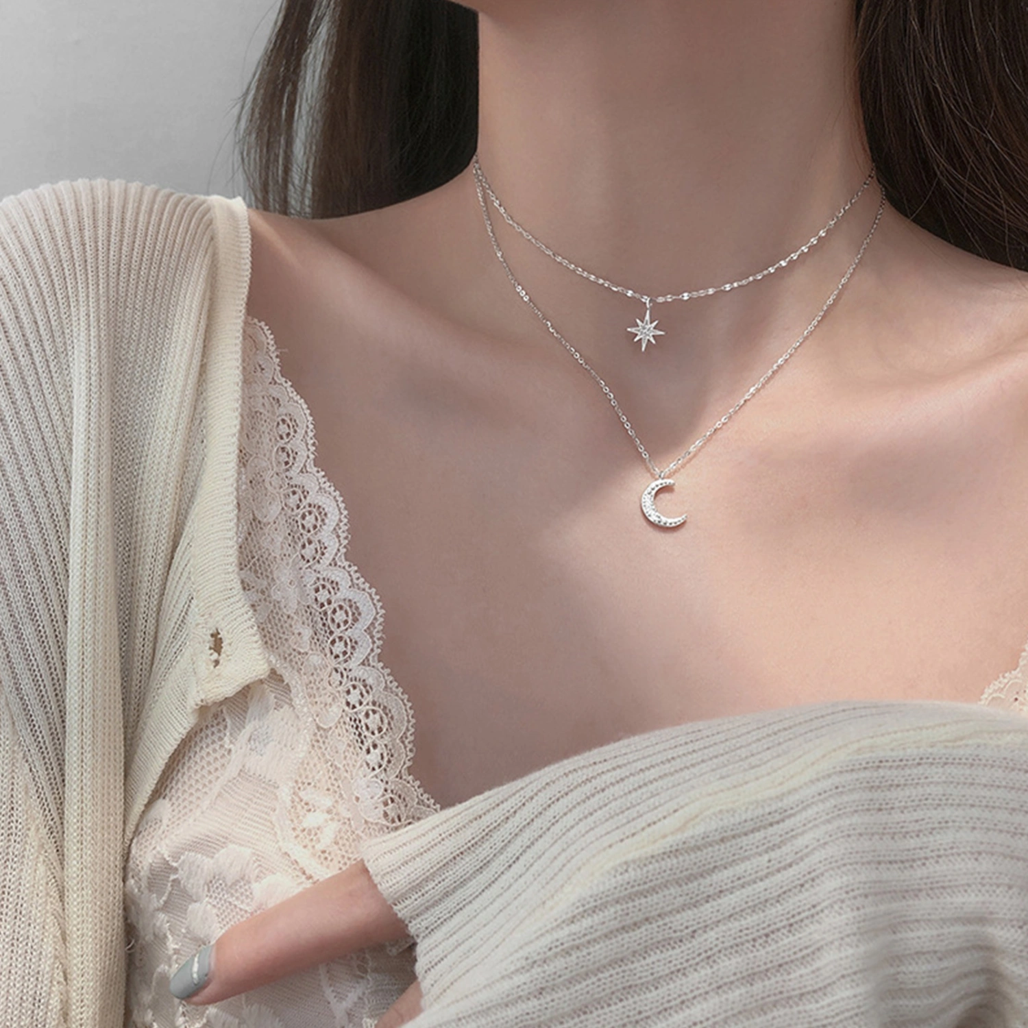 Rhinestone Starry Moon Pendant Necklaces Double Layer Clavicle Chain