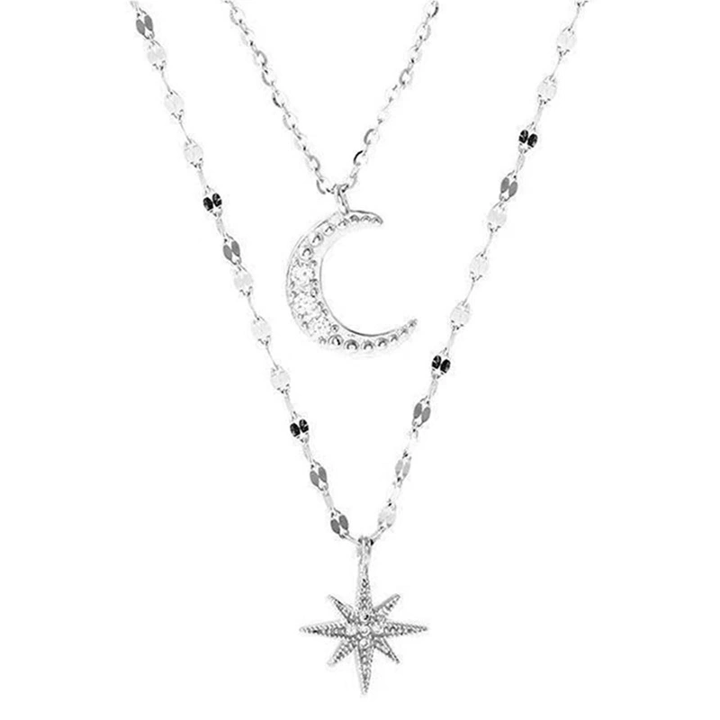 Rhinestone Starry Moon Pendant Necklaces Double Layer Clavicle Chain