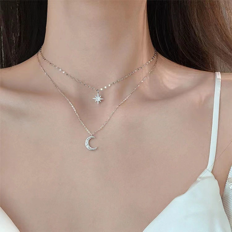 Rhinestone Starry Moon Pendant Necklaces Double Layer Clavicle Chain