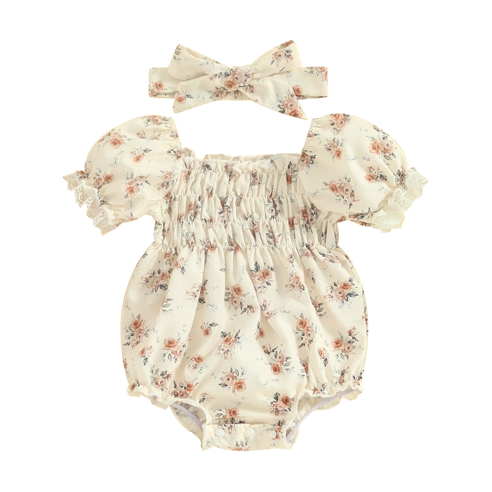 Baby Girl Summer Outfit, Puff Sleeve Flower Print Romper + Headband 