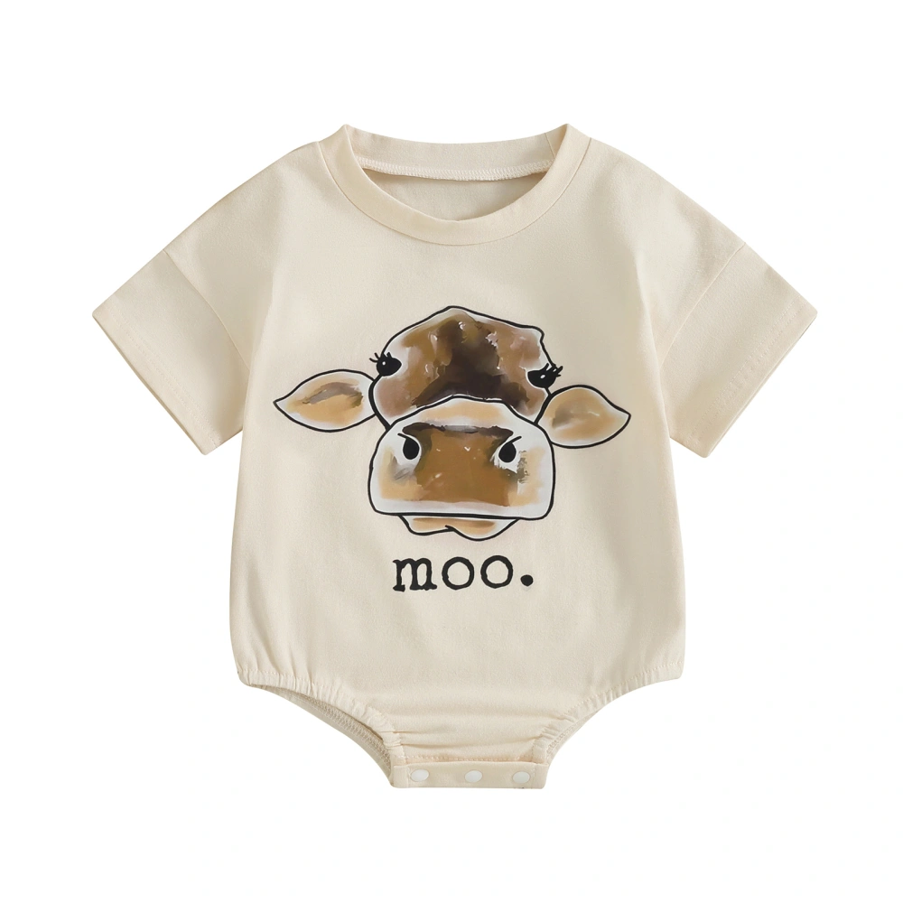 Baby Romper, Short Sleeve Crew Neck Cow Head Print Summer Bodysuit