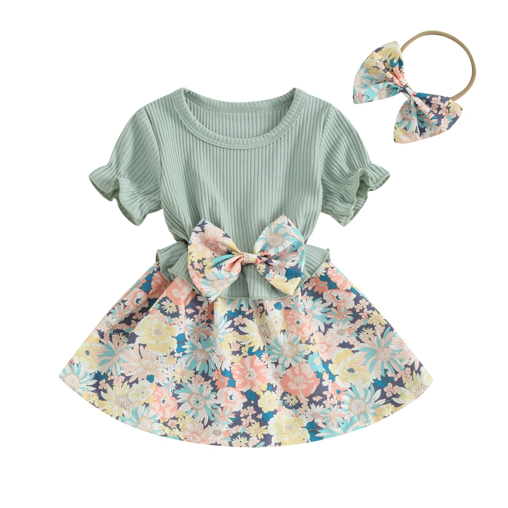 Girls Two Piece Outfits Floral Short Sleeve Dress and Headband