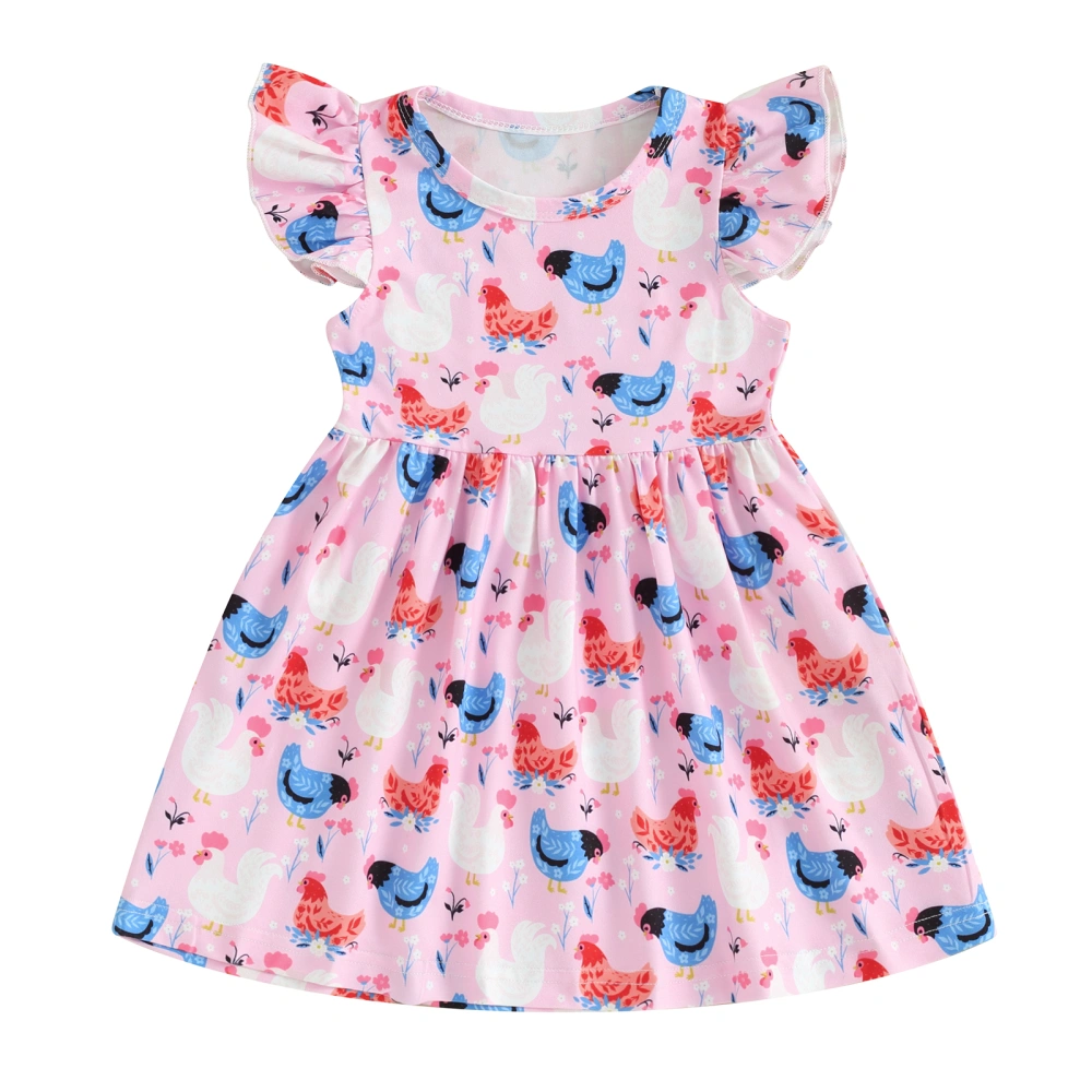 Toddler Girls Dress Cartoon Hen Rooster Print Round Neck Dress