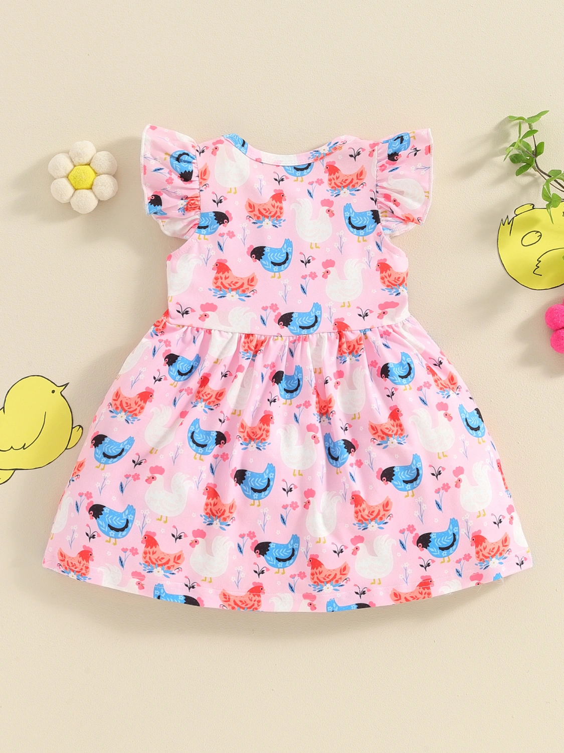 Toddler Girls Dress Cartoon Hen Rooster Print Round Neck Dress