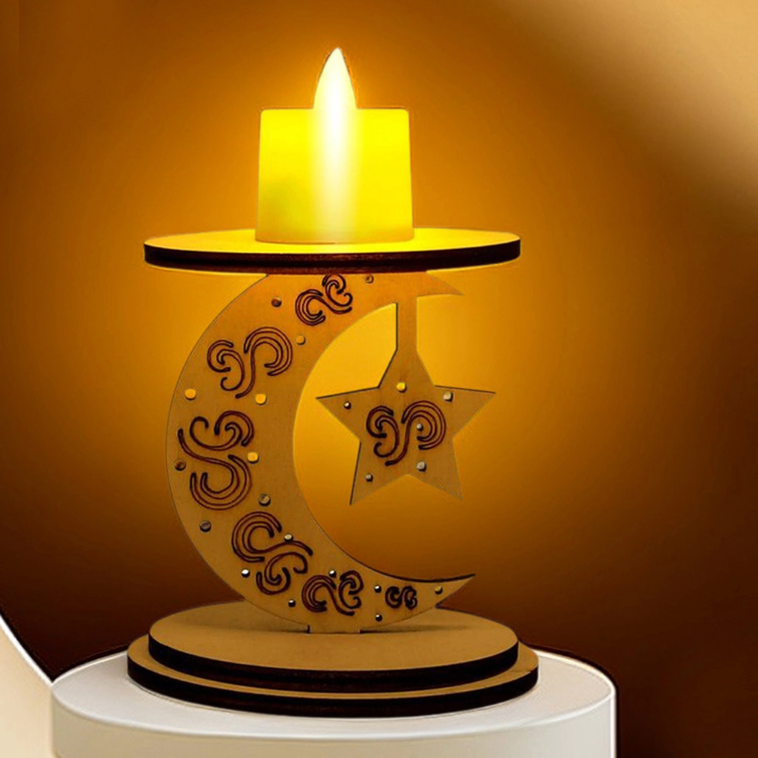 Wooden Eid Ramadan Candle Holder with LED Candle Lights Candle Holder
