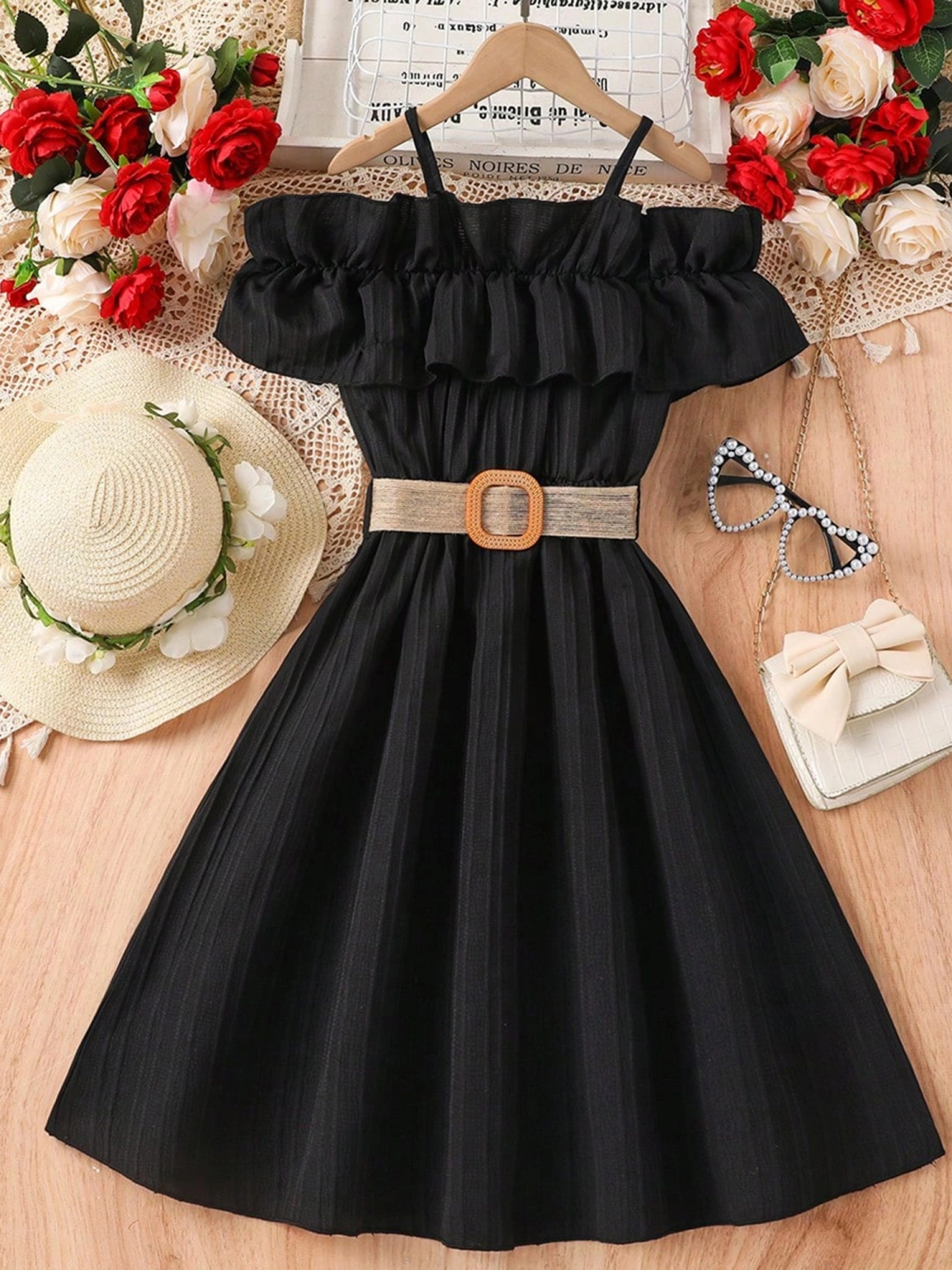 Kids Girls Dress Solid Color Ruffles Princess Dress with Belt