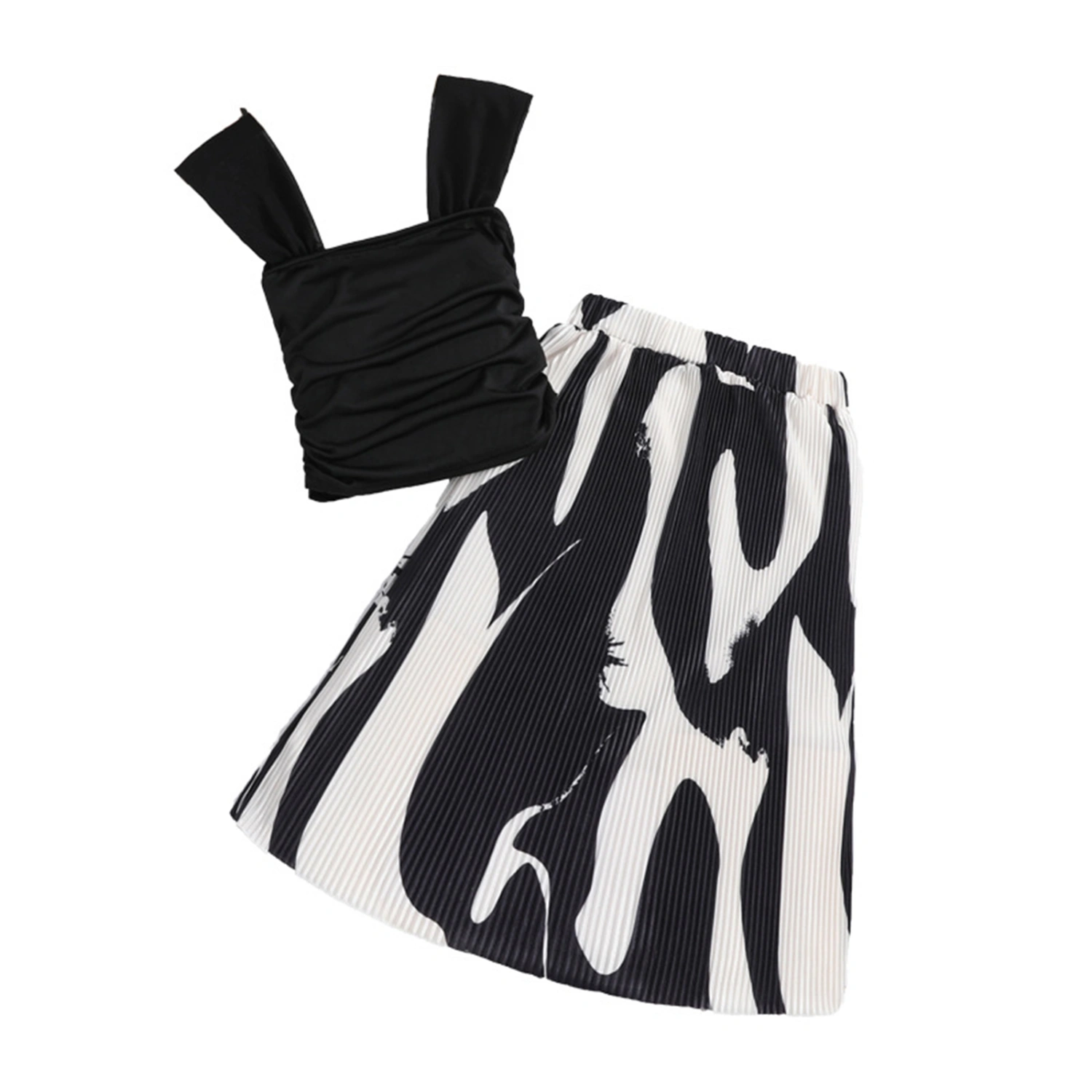 Girls Skirt Outfits Black Camisole Abstract Pattern Print Skirt