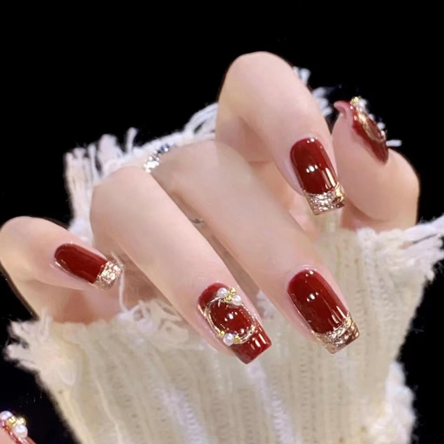 Red Press on Nails Fake Nails with Rhinestones Full Cover Nails