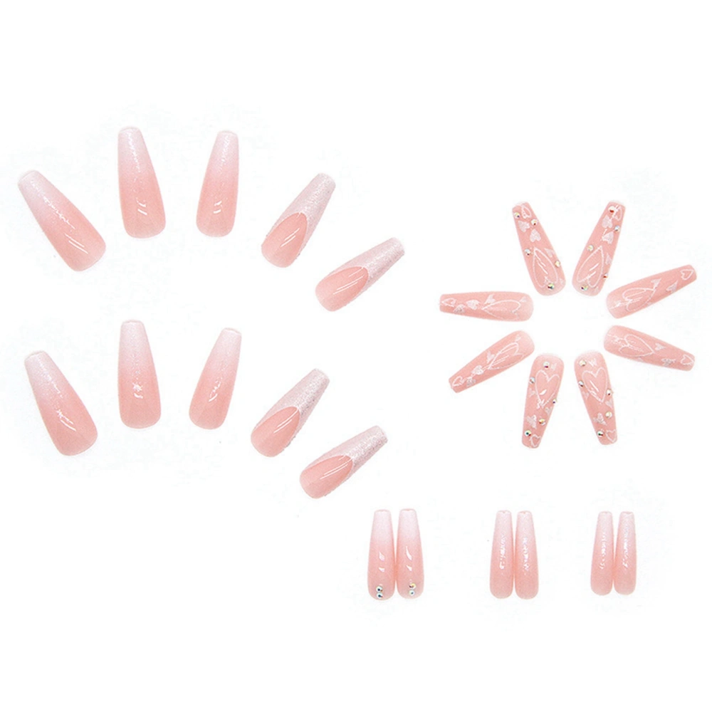 Rhinestone Nails Set Cute Natural Gradient Long False Nail with Glue 