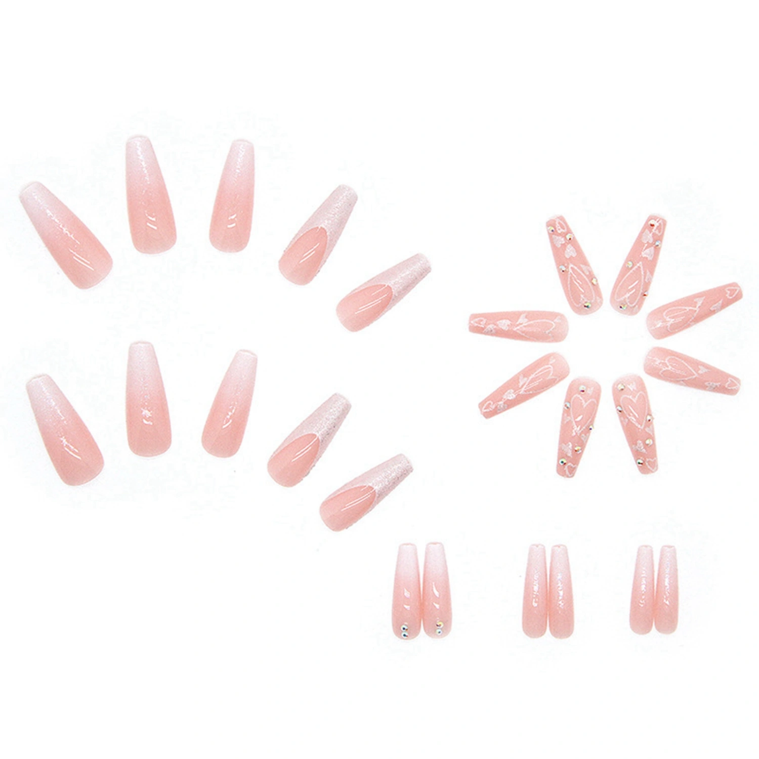 Rhinestone Nails Set Cute Natural Gradient Long False Nail with Glue