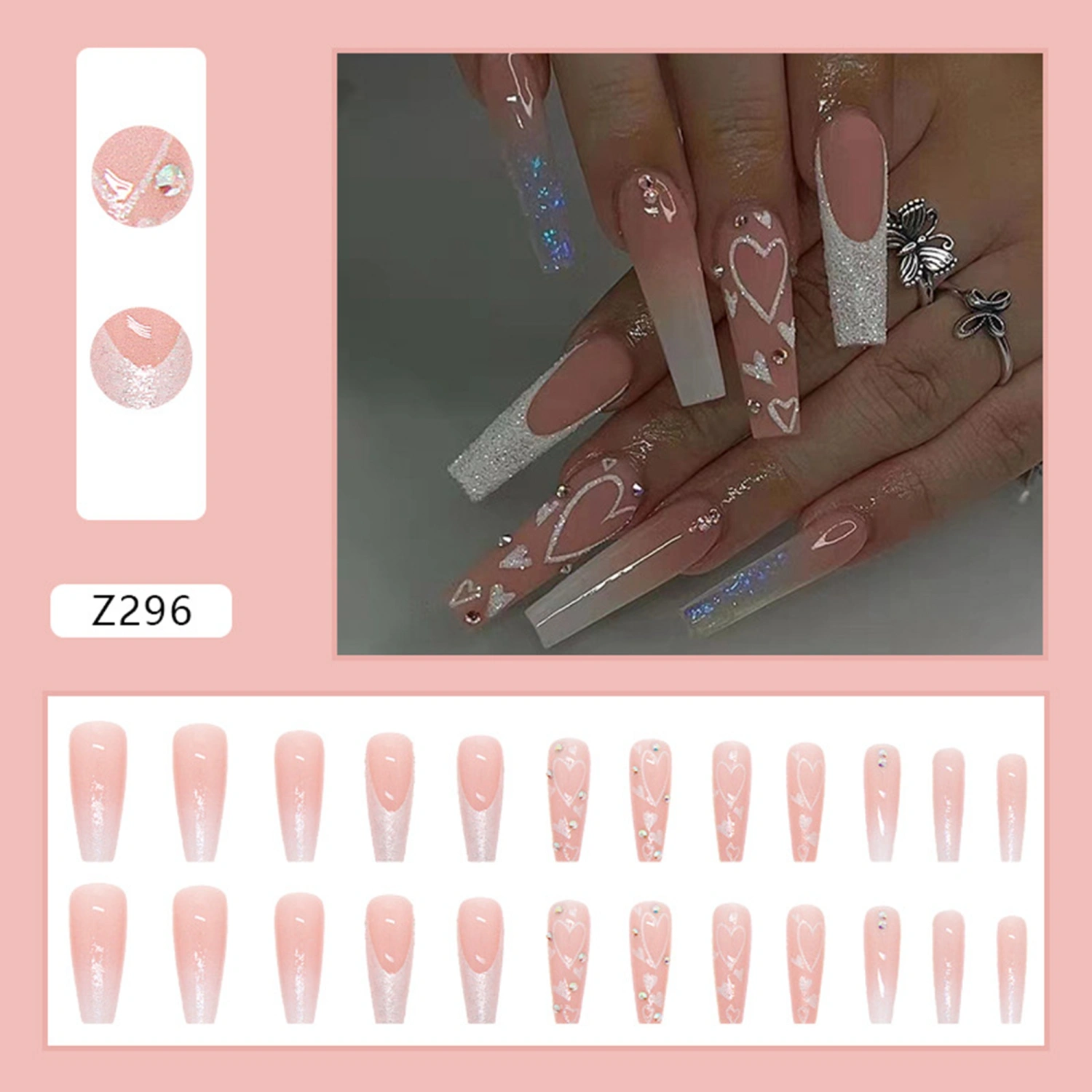 Rhinestone Nails Set Cute Natural Gradient Long False Nail with Glue