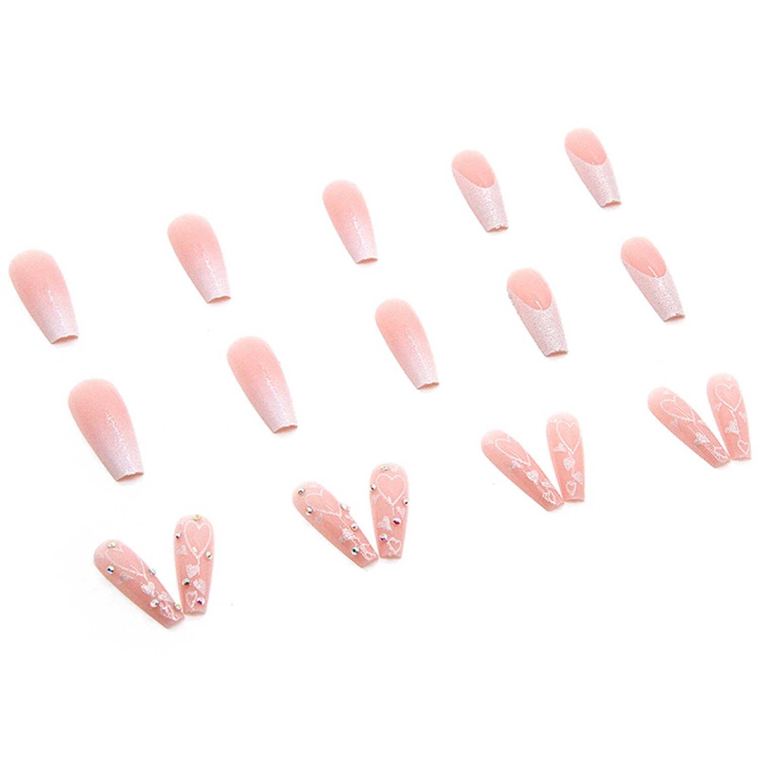 Rhinestone Nails Set Cute Natural Gradient Long False Nail with Glue