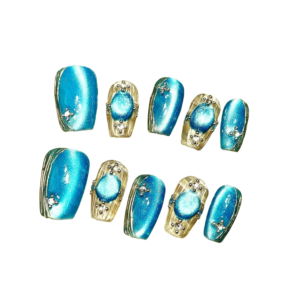 10pcs Cat Eye Nails, Elegant DIY Blue Crystal False Nail Tips