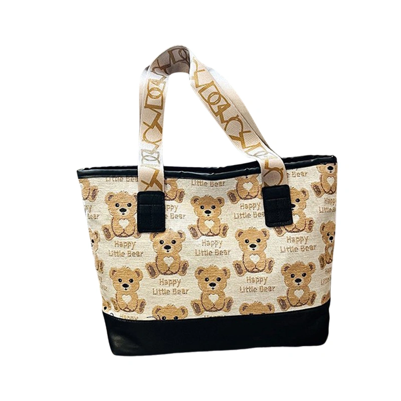 Women Fashion Bear Print Tote Bag PU Leather Canvas Shoulder Bags