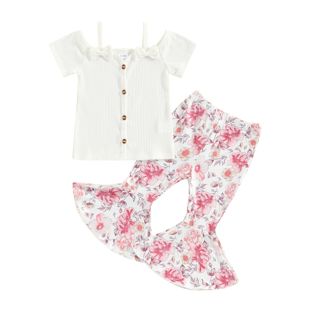 Little Girls Set, Cold Shoulder Button Down Ribbed Tops + Flare Pants 