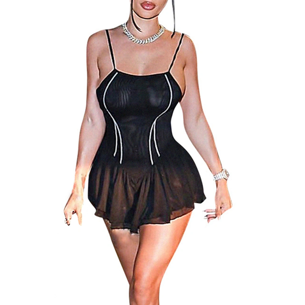 Women Slim Scoop Neck Backless See Through Spaghetti Strap Mini Dress