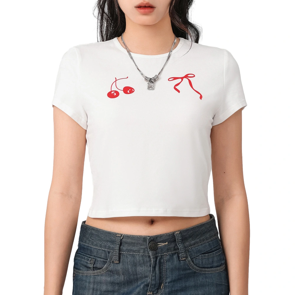 Women Crop Basic T-Shirts Summer Bow/Fruit Print Short Sleeve Tops 