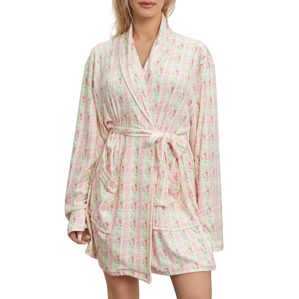 Women's Sleep Robe Long Sleeve Lapel Belted Floral Nightgown