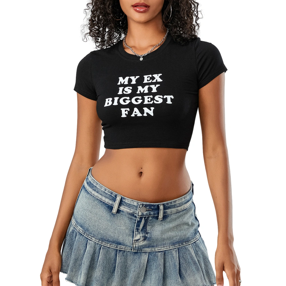 Women Crop Tops Letter Print Short Sleeve Round Neck Casual T-Shirts