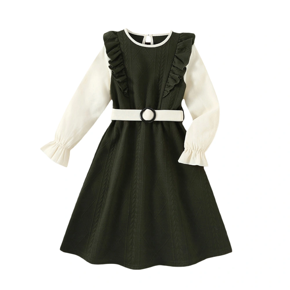 Girls Fall Outfit, Long Sleeve Patchwork A-line Dress with Belt