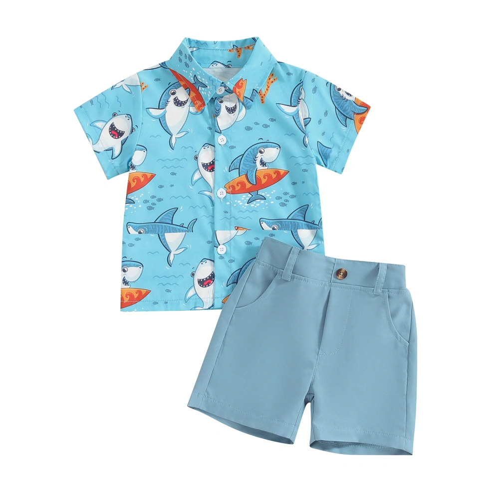 Baby Kids Boys Shorts Set, Short Sleeve Shark Print Shirt with Shorts