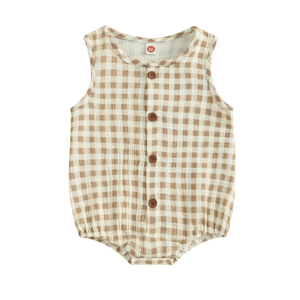 Baby Romper, Sleeveless Crew Neck Plaid Button Closure Bodysuit