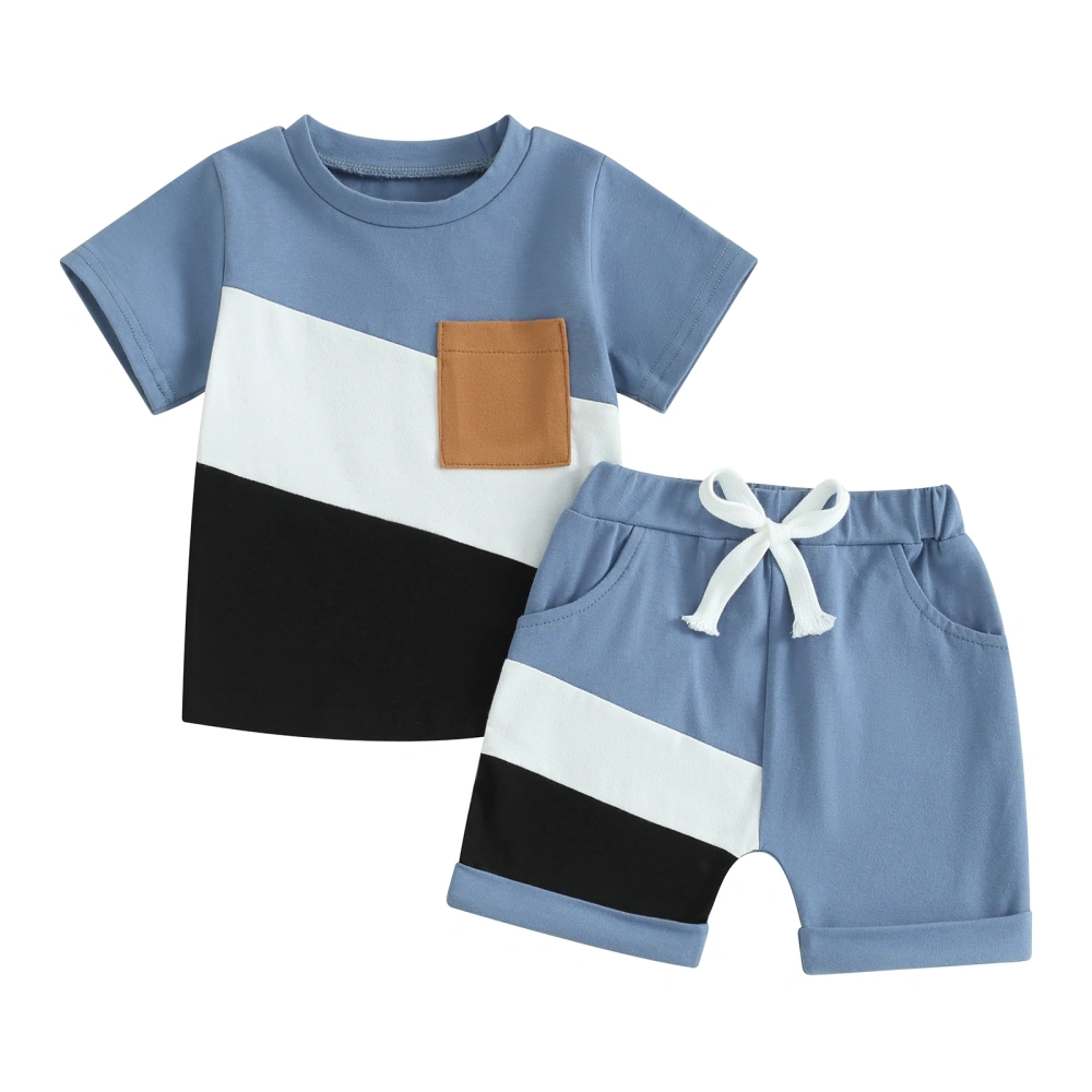 Boys Shorts Set, Contrast Color Short Sleeve T-shirt with Shorts