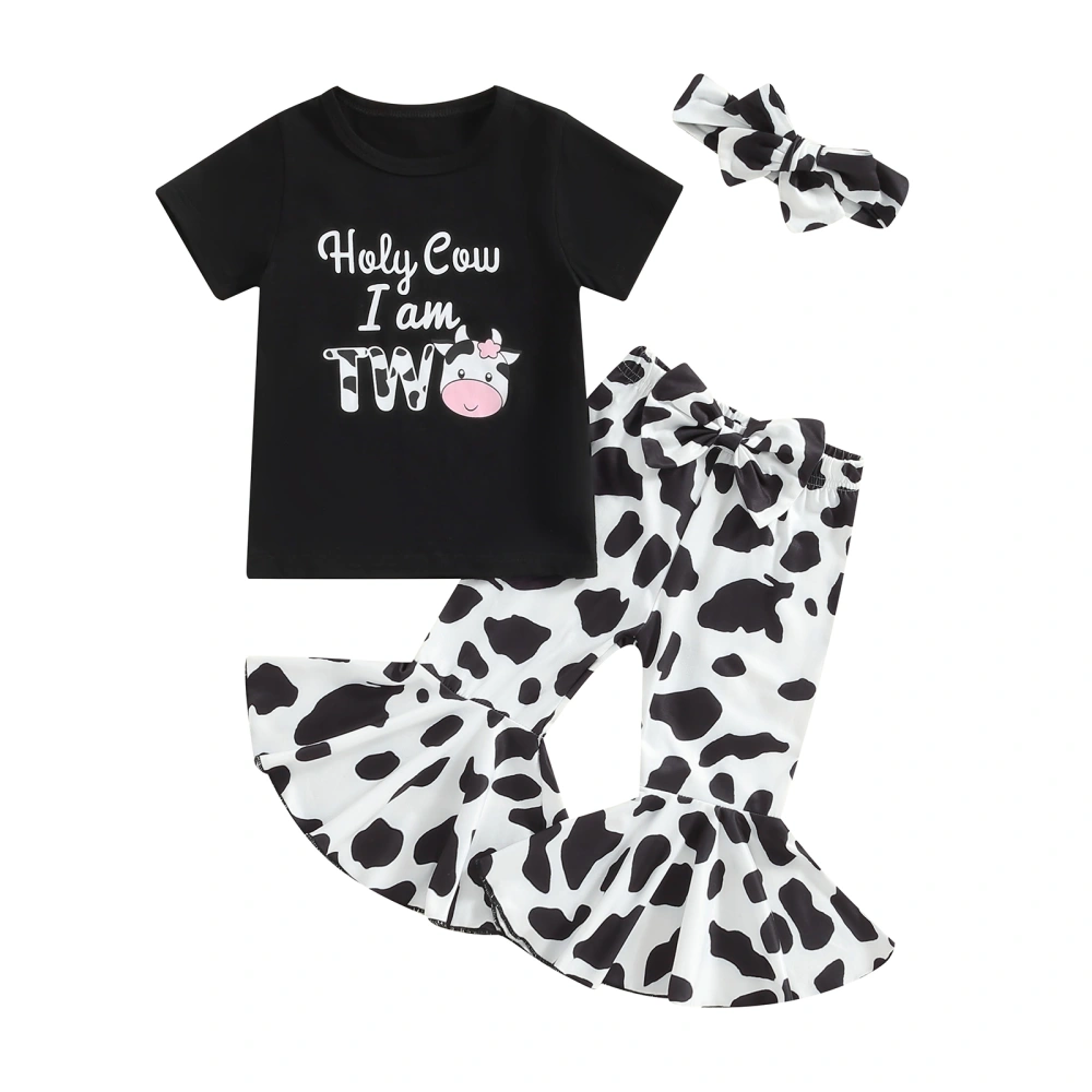 Girl Pants Sets Black Short Sleeve Tops Cow Print Pants Headband Set