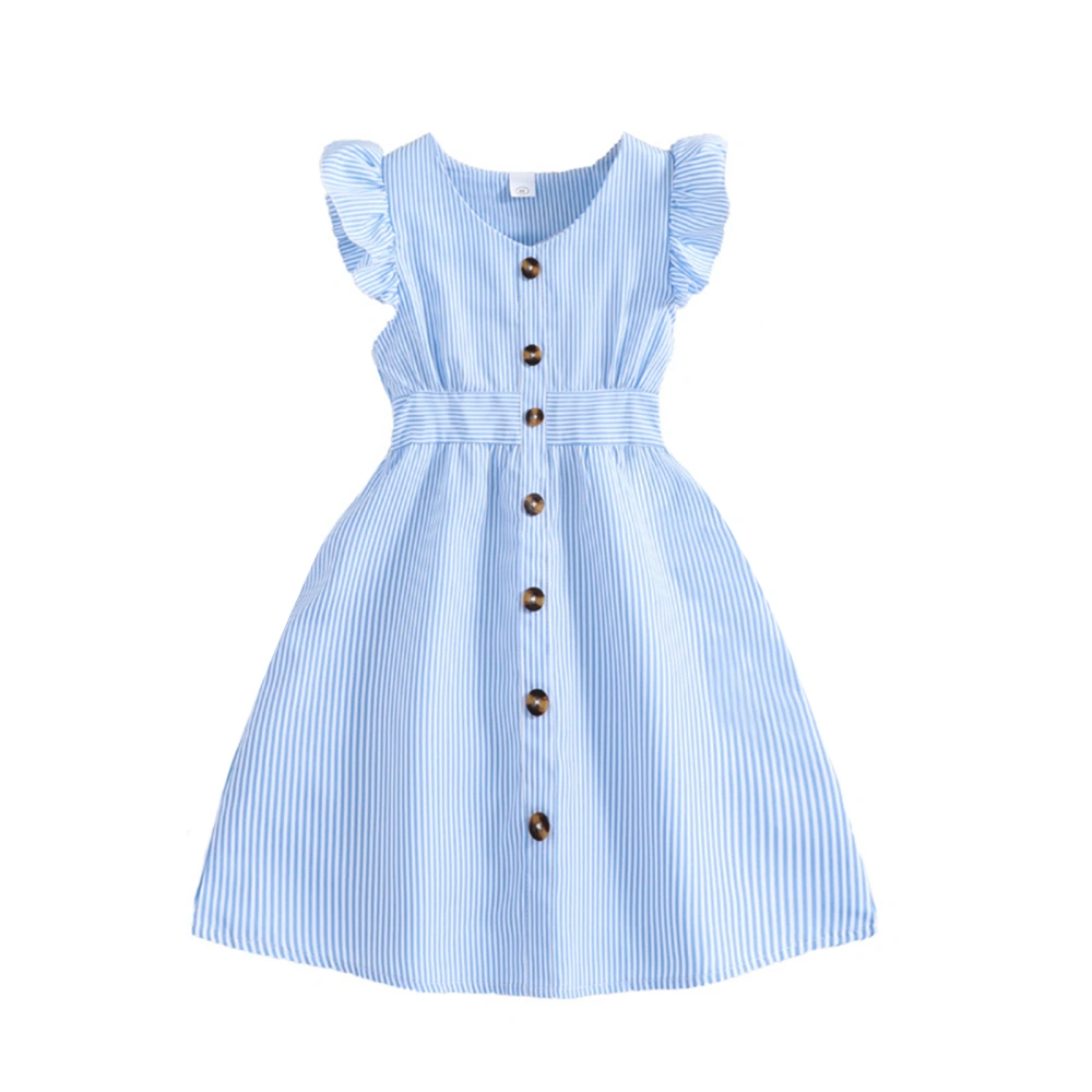 Girls A-line Dress, Fly Sleeve V Neck Button-down Striped Dress