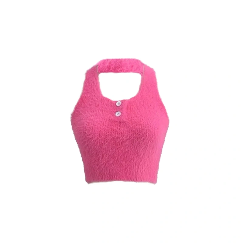 Women Halter Top, Furry Sleeveless Tops Backless Solid Summer Vest