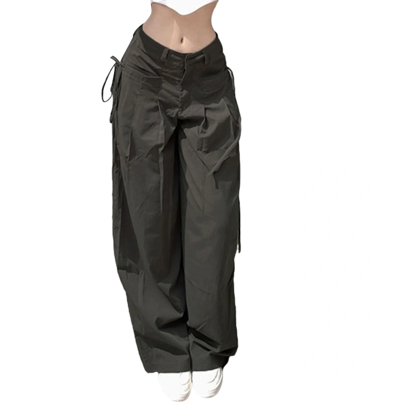 Women's Loose Fitted Low Waist Wide Leg Side Tie-Up Long Cargo Pants