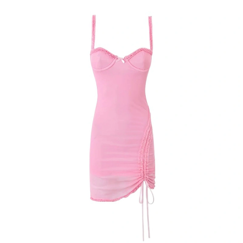 Women Slip Dress, Spaghetti Straps Frills Drawstring Slim Mesh Dress