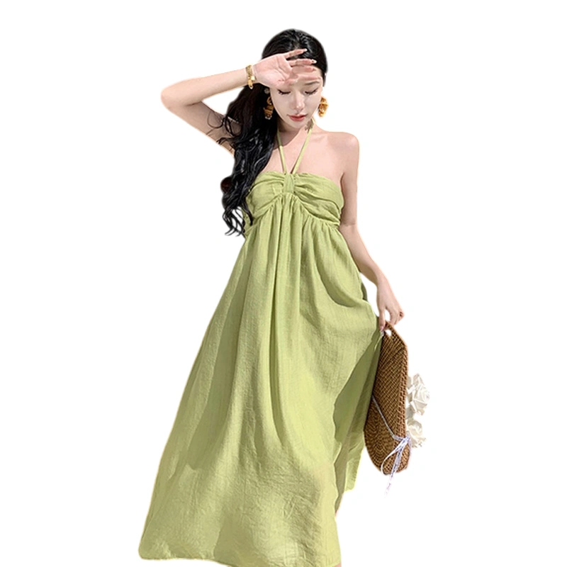 Women Sleeveless Halter Neck Dress Summer Backless Vacation Dress