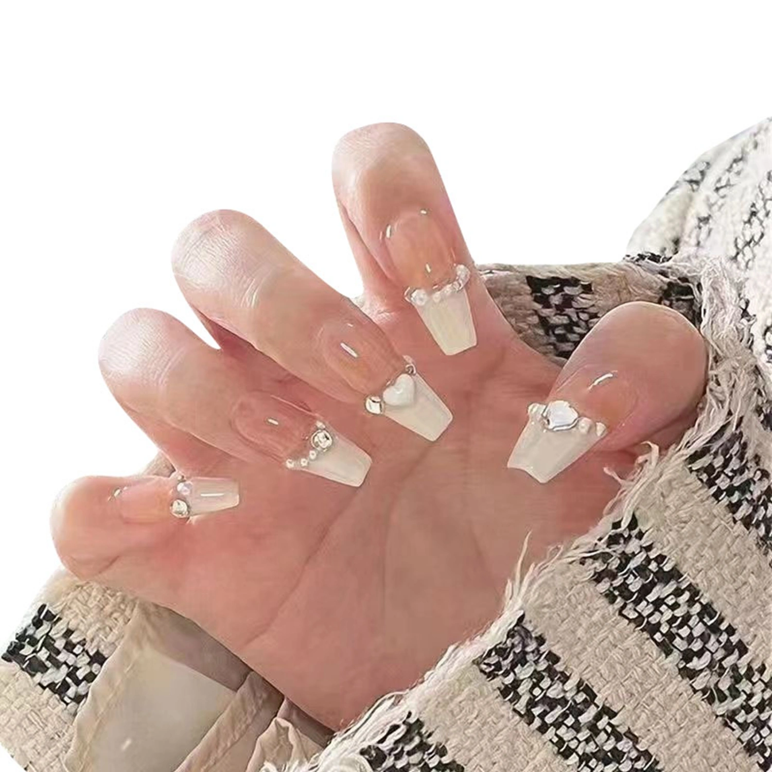Press on Nails Set Cute Natural Heart Pearl False Nail for Women