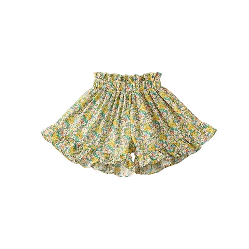 Girl's Elastic Waist Wide Leg Frill Trim Flower Print Summer Shorts