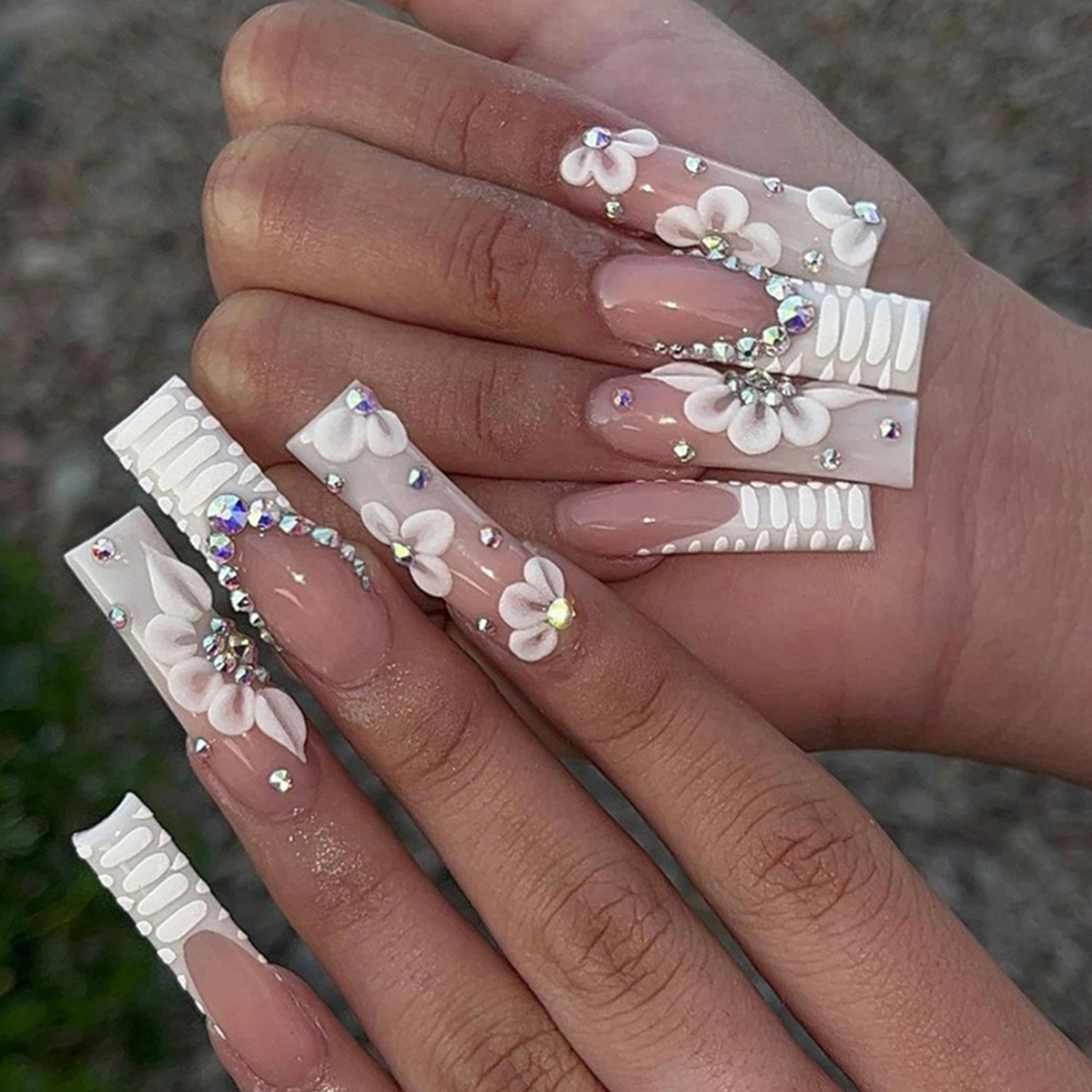 24pcs Fake Nails, DIY Flowers Hot Fix Drill Glue On False Nail Tips