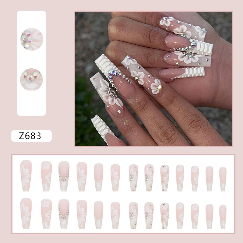 24pcs Fake Nails, DIY Flowers Hot Fix Drill Glue On False Nail Tips