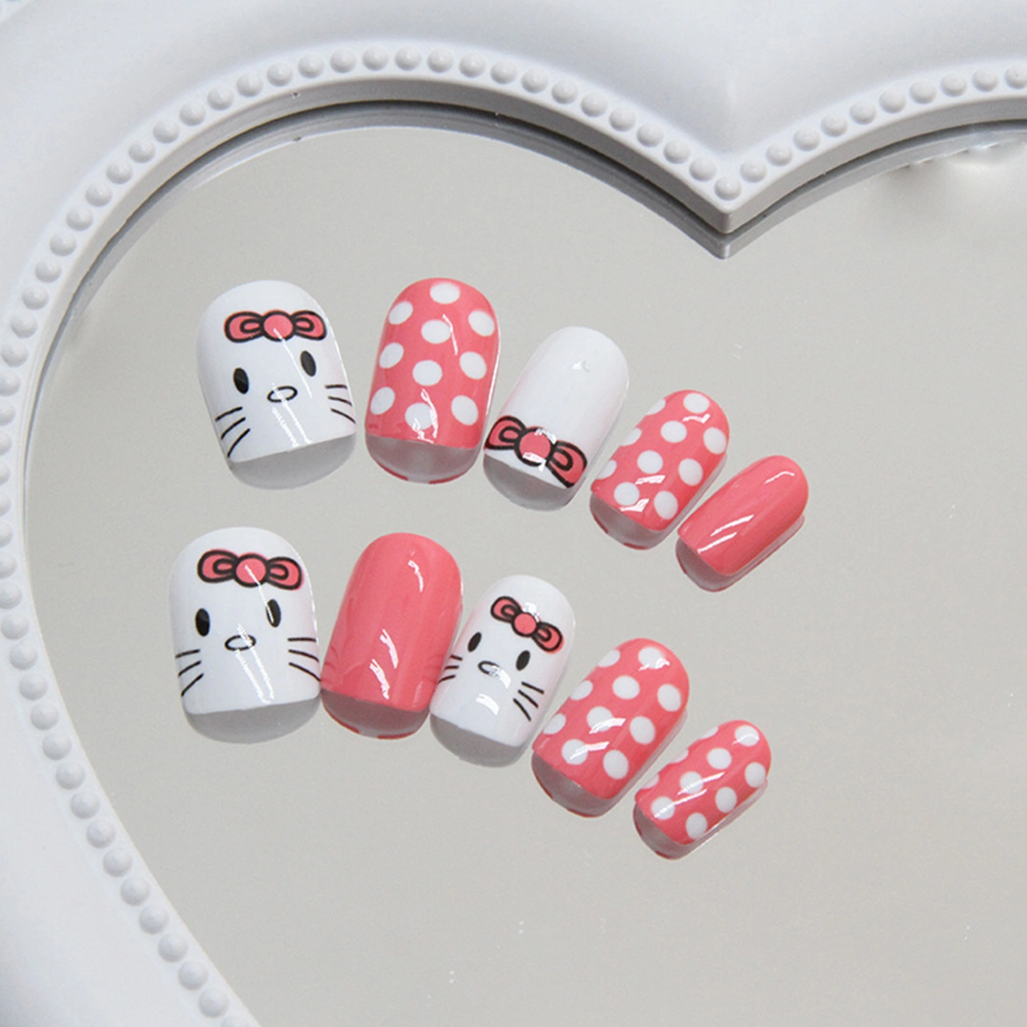 24Pcs Press on Nails Short Fake Nails with Cat and Dot Designs