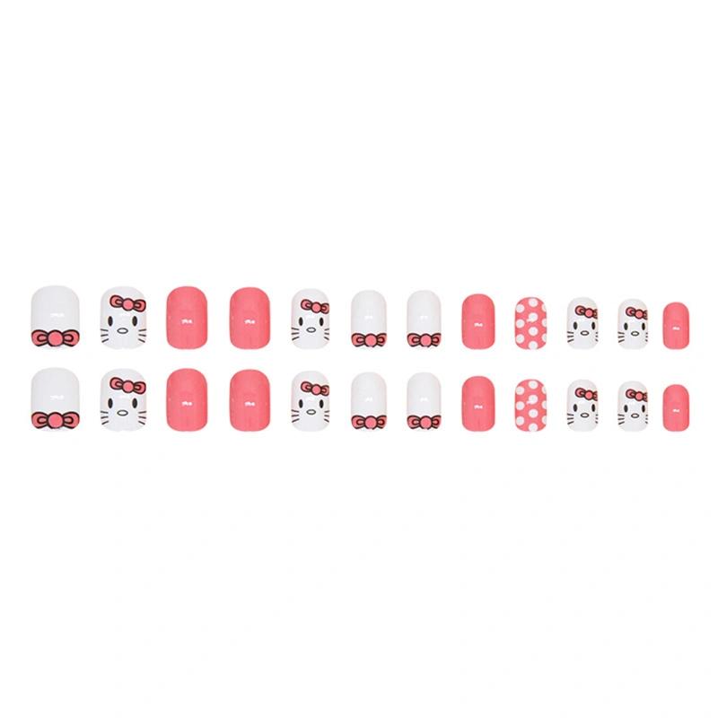 24Pcs Press on Nails Short Fake Nails with Cat and Dot Designs