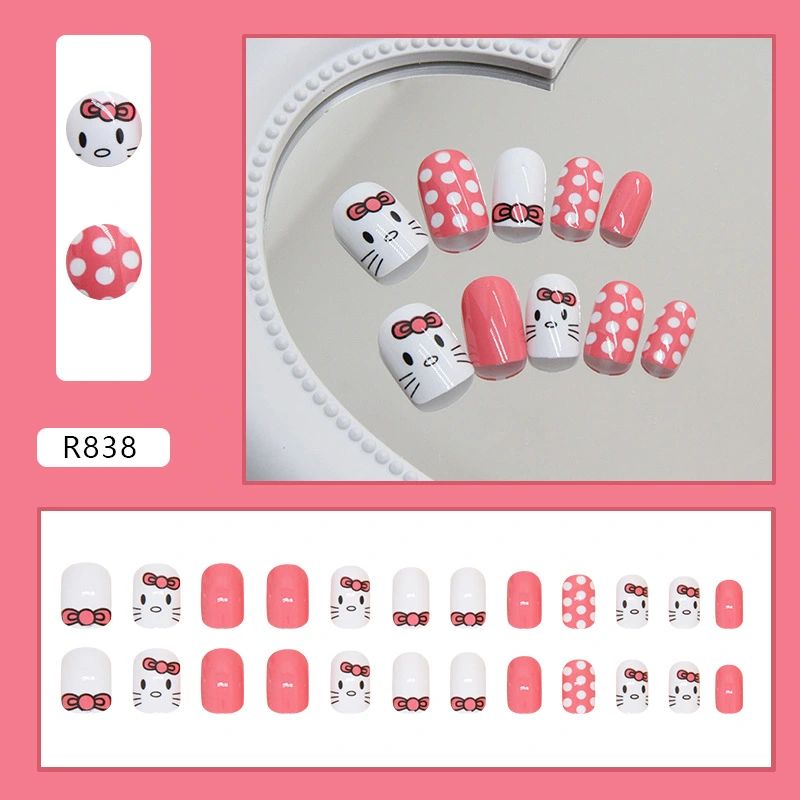 24Pcs Press on Nails Short Fake Nails with Cat and Dot Designs