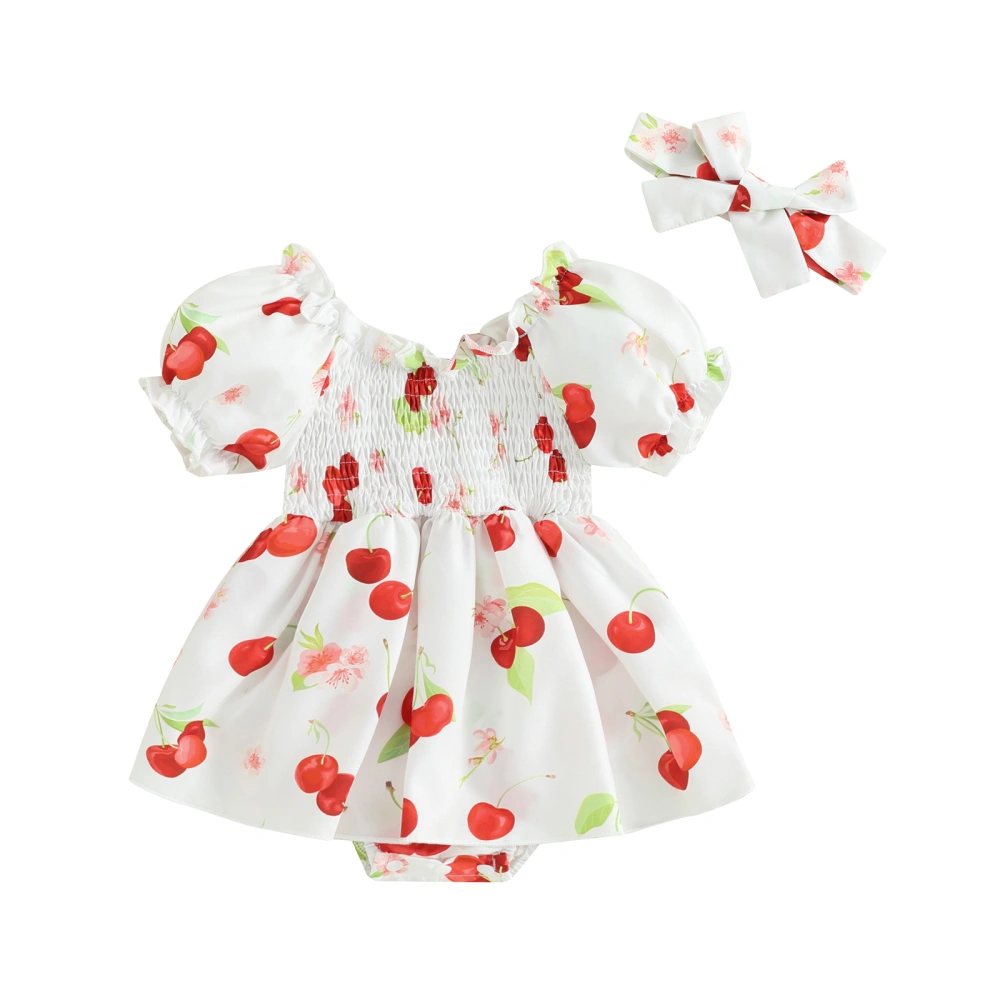 Girl Romper Dress Cherry Print Short Sleeve Jumpsuit with Headband 