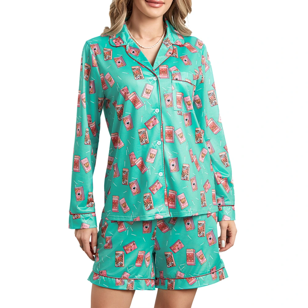 Women Lounge Set Long Sleeve Lapel Shirt Shorts Sleepwear Sets