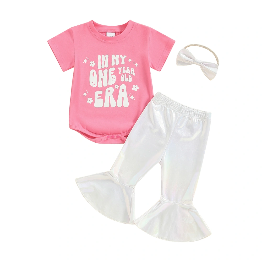 Girls Pants Set, Short Sleeve Letters Print Romper/T-shirt Shiny Pants