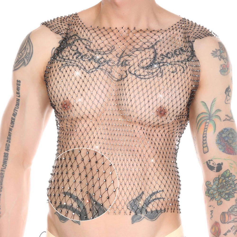 Men's Tight Fitted See Through Rhinestone Mesh Fishnet Tank Tops