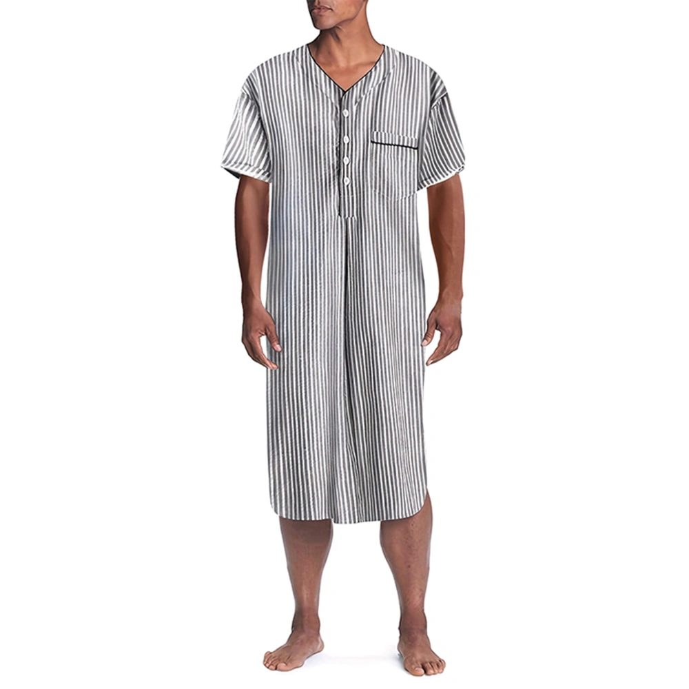 Men's Loose Short Sleeve Striped Button Down V Neck Nightshirt