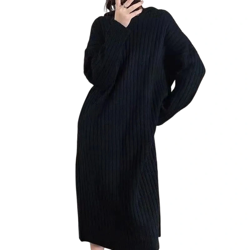 Women Hooded Dresses Long Sleeve Solid Color Knit Drawstring Dress