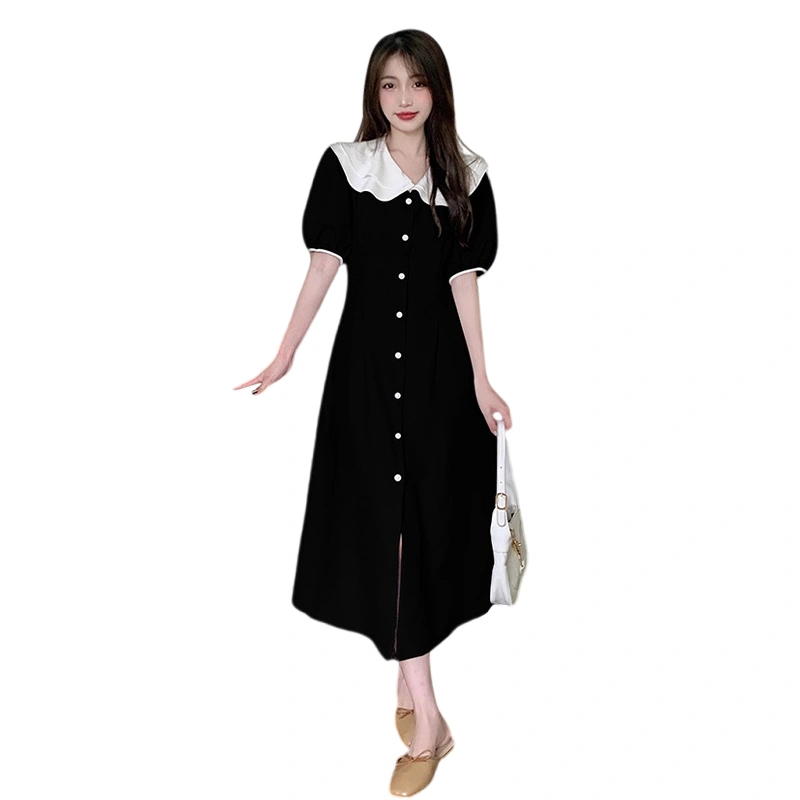 Women Summer Dress Black Short Sleeve Doll Collar Button Up Dress