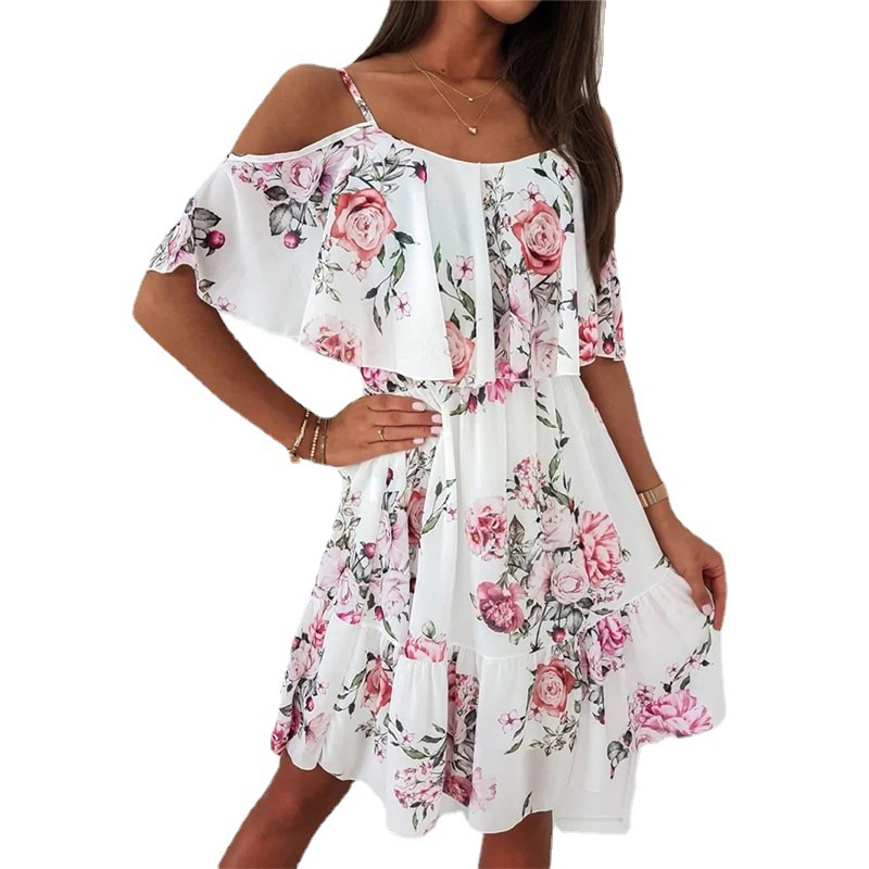 Women Mini Dress Floral Cold-Shoulder Spaghetti Strap A-line Dress